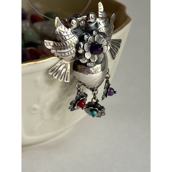 Handmade Mexican Sterling Silver  Love Bird Heart Pendant - Picture 11 of 15